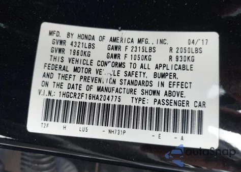 2017 Honda Accord Sport Se from USA, damaged, VIN 1HGCR2F16HA204775